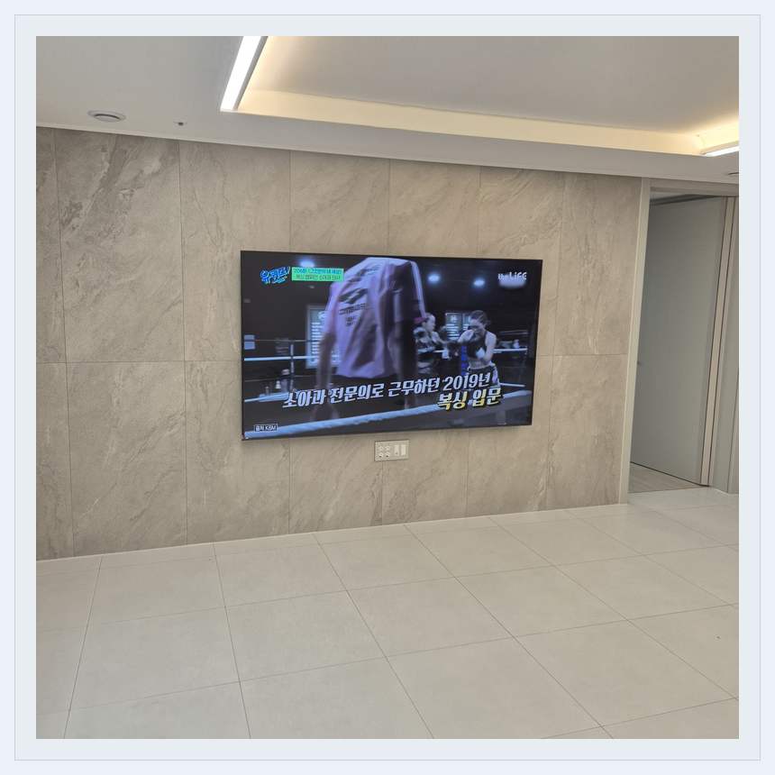 무늬가 있는 벽체 위 화면 배치 관련 벽걸이 TV 설치 참고 사진